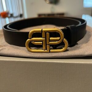 Balenciaga Black and Gold Leather Belt with Iconic BB Buckle
